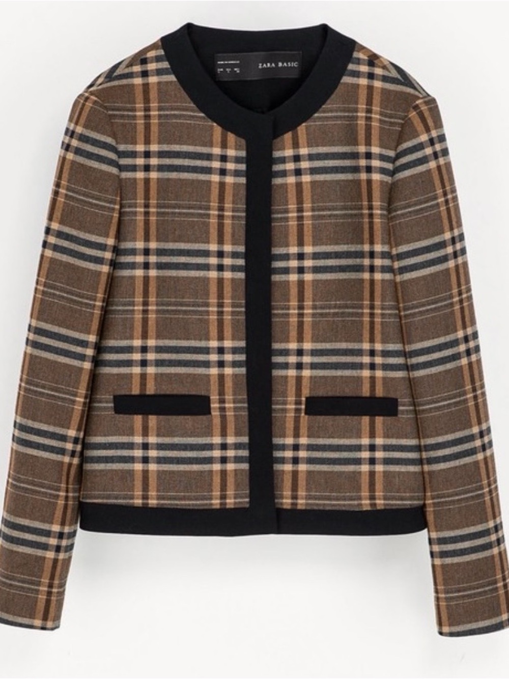 Zara Plaid Collarless Jacket in Brown and Navy Trim